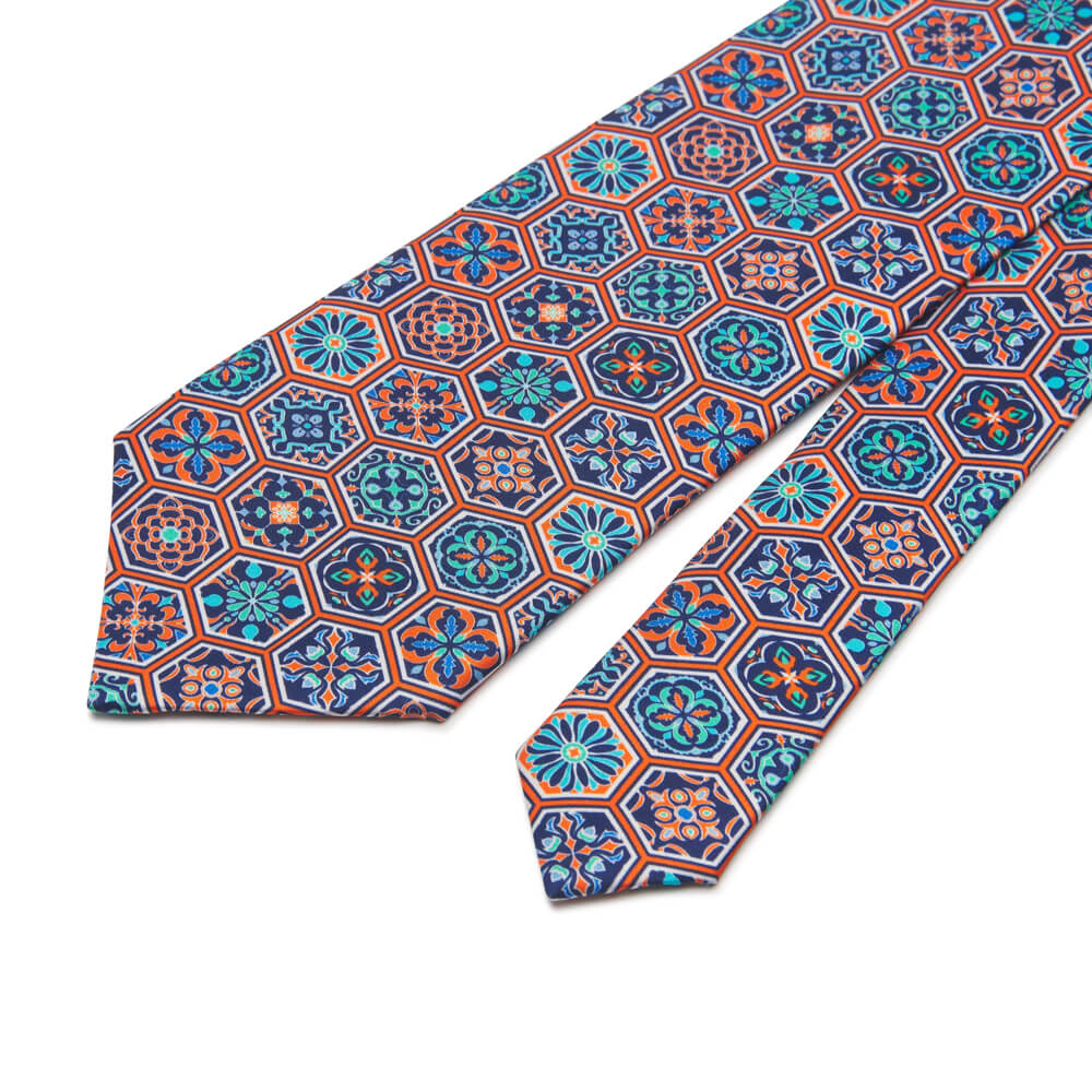 Lorenzo Cana Cravatta In Pura Seta 100% Fatta A Mano - Quadri Arancione E Blu - Modello 84093