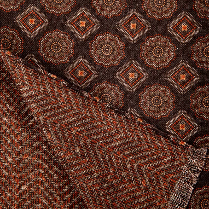 Brown Medallions and Herringbone Motif Hand Rolled Silk Wool Scarf – Silvio  Fiorello