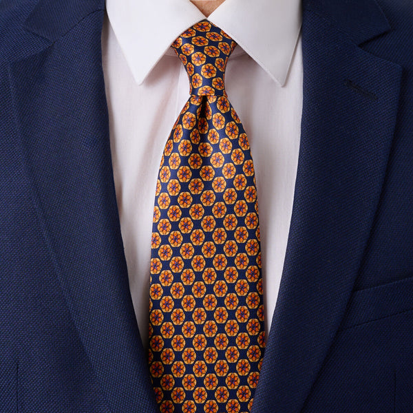 Flower of Life Blue and Orange Duchesse Silk Tie – Silvio Fiorello