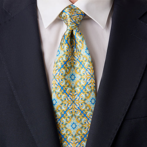 King of Ceramics Yellow and Blue Duchesse Silk Tie