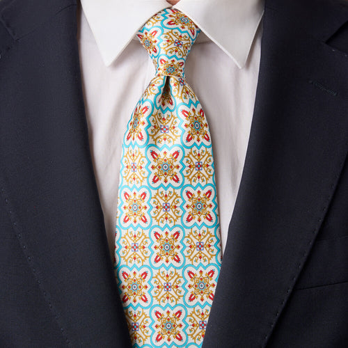 Santa Maria Tile White Yellow Duchesse Silk Tie