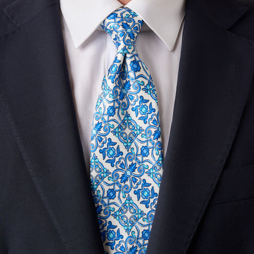 Caltagirone White and Light Blue Duchesse Silk Tie