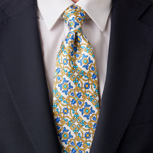 Caltagirone White Yellow Blue Duchesse Silk Tie