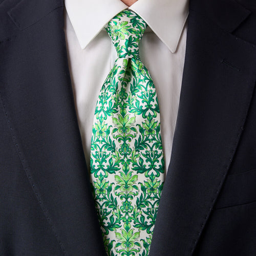 Ceramic Blossom White and Green Duchesse Silk Tie
