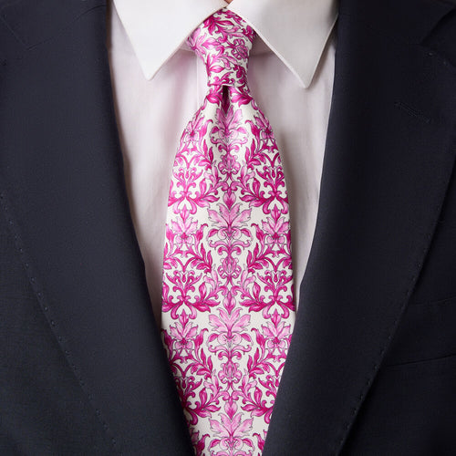 Ceramic Blossom White and Fuchsia Duchesse Silk Tie
