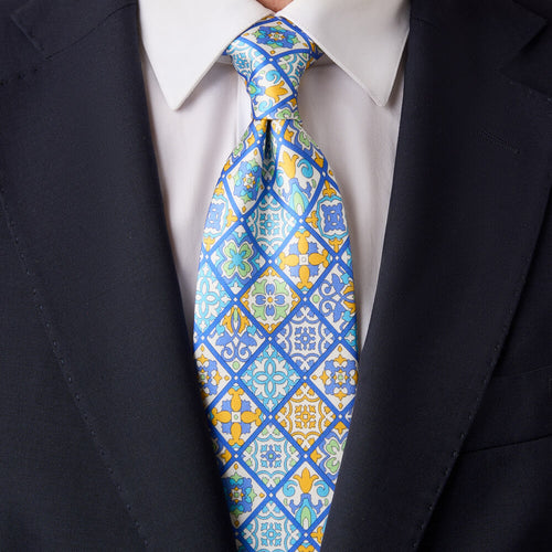 Monte Mosaic Blue and Yellow Duchesse Silk Tie