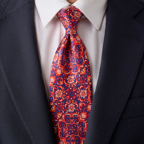 Majolica Art Orange and Blue Duchesse Silk Tie