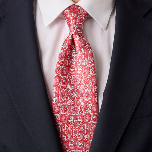 Majolica Art Coral and White Duchesse Silk Tie