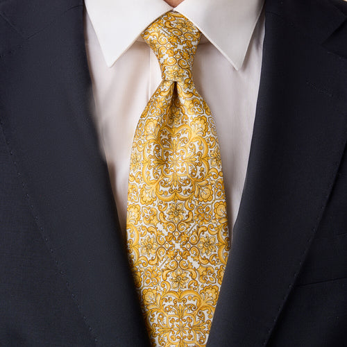Majolica Art Ochre and White Duchesse Silk Tie