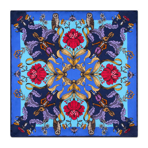 PRE-ORDER - Garden of the Owls and Hares Blue Silk Pocket Square
