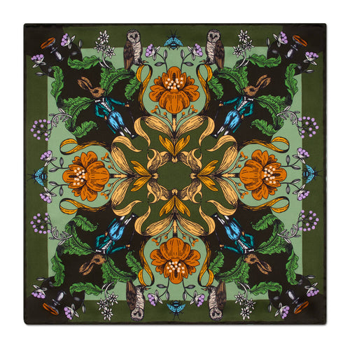 PRE-ORDER - Garden of the Owls and Hares Green Silk Pocket Square