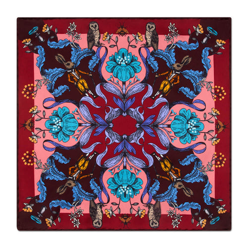 PRE-ORDER - Garden of the Owls and Hares Burgundy and Pink Silk Pocket Square