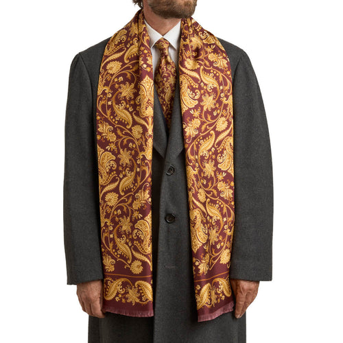 Sciarpa Giardino Villa Bellini Bordeaux e Ocra Seta Twill