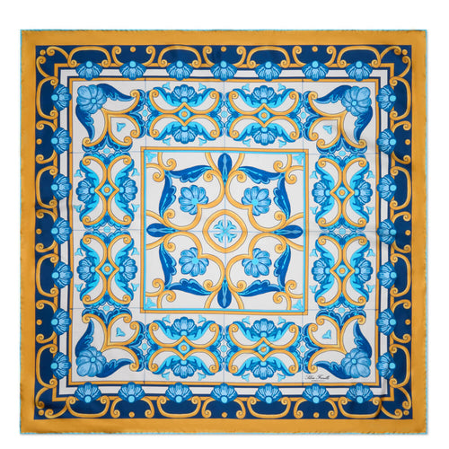 Foulard Arte di Caltagirone Bianco Giallo Blu Seta Twill