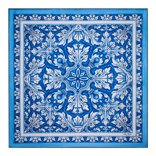 Foulard Fiore di Maiolica Blu e Bianco Seta Twill