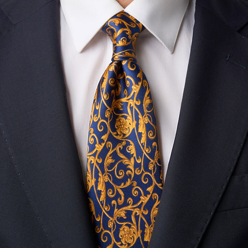 The Garden of Eden Blue and Orange Duchesse Silk Tie