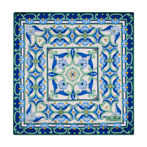 The Art of Caltagirone White Green Blue Silk Pocket Square