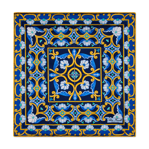 The Art of Caltagirone Blue Yellow Light Blue Silk Pocket Square