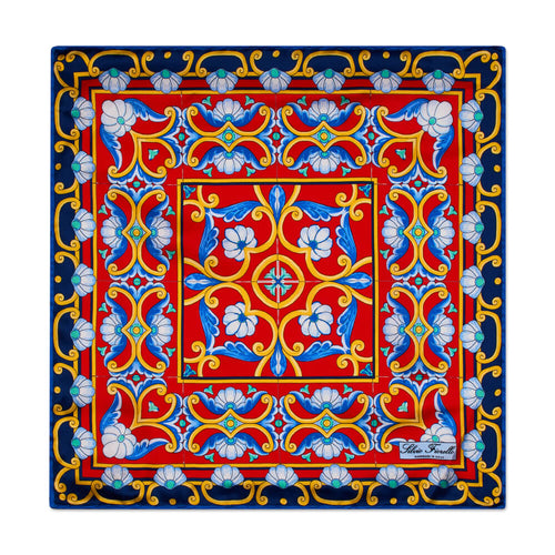 The Art of Caltagirone Red Yellow Light Blue Silk Pocket Square