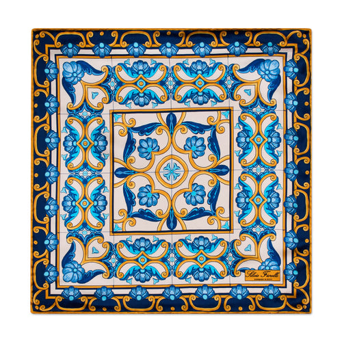 The Art of Caltagirone White Yellow Blue Silk Pocket Square