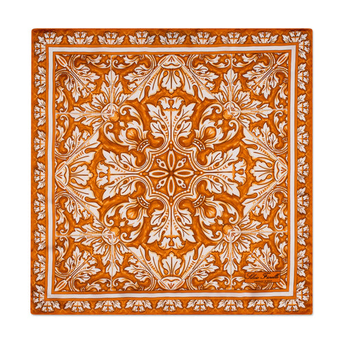 The Flower of Majolica Orange and White Silk Pocket Square