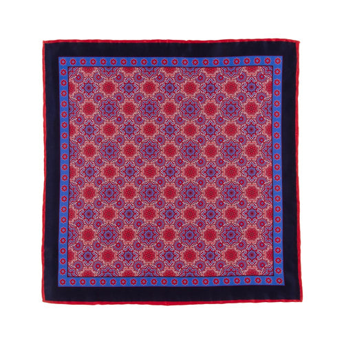 Blue and Red Mandala of Flowers Duchesse Silk Pocket Square