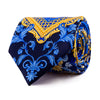 Blue and Yellow Flowers and Paisley Motif Satin Silk Tie