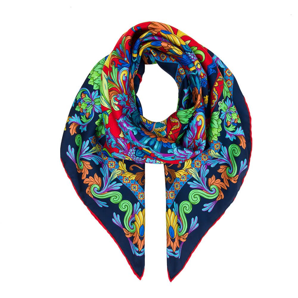 Taormina Art Blue and Red Silk Twill Scarf and Ring – Silvio Fiorello