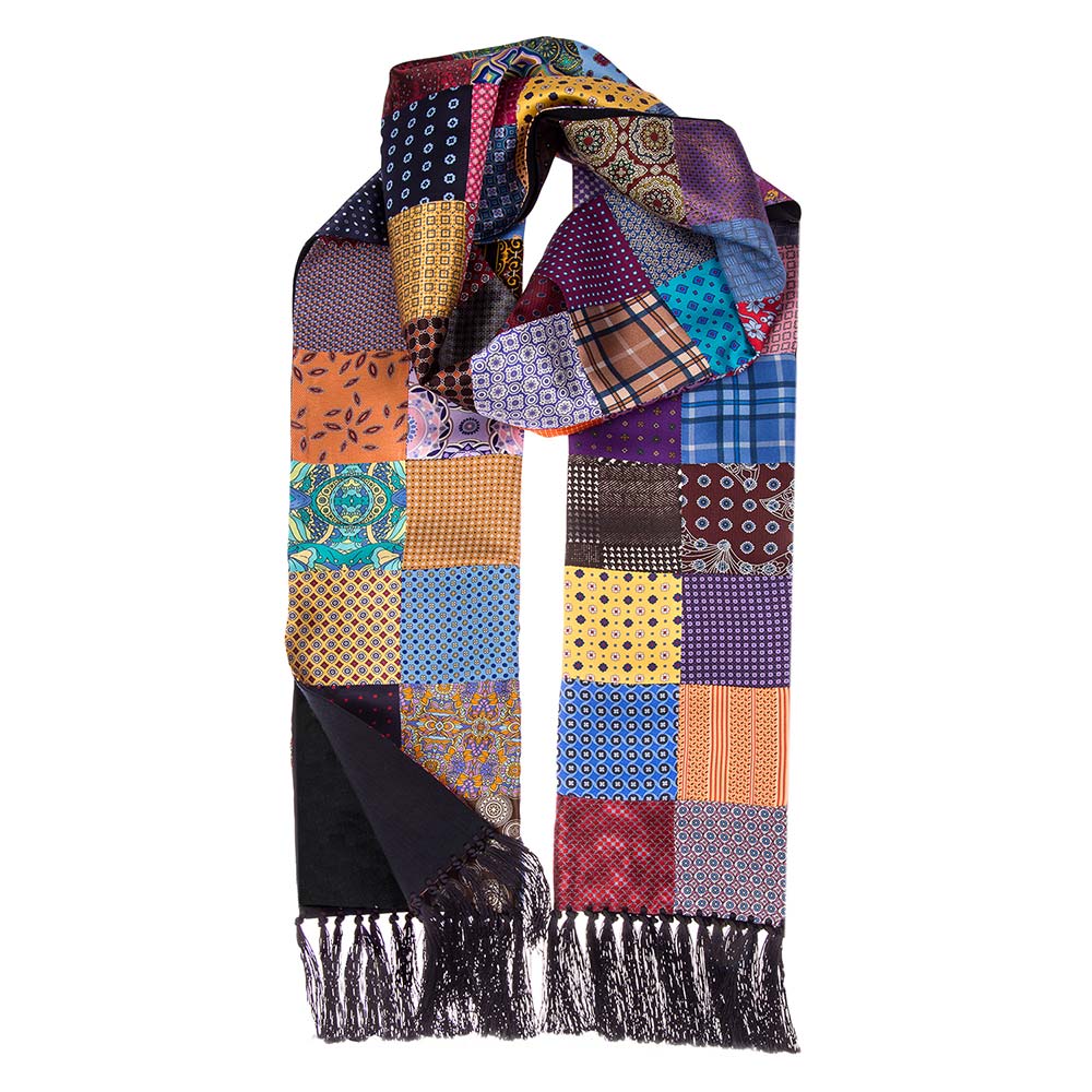 Multicolour Patchwork Scarf with Blue Wool Backing – Silvio Fiorello